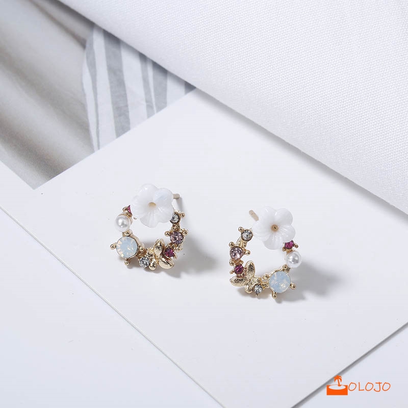 OLOJO    Korea Anting Tusuk Bentuk Giwang Sterling Silver 925 dengan Kristal untuk Wanita