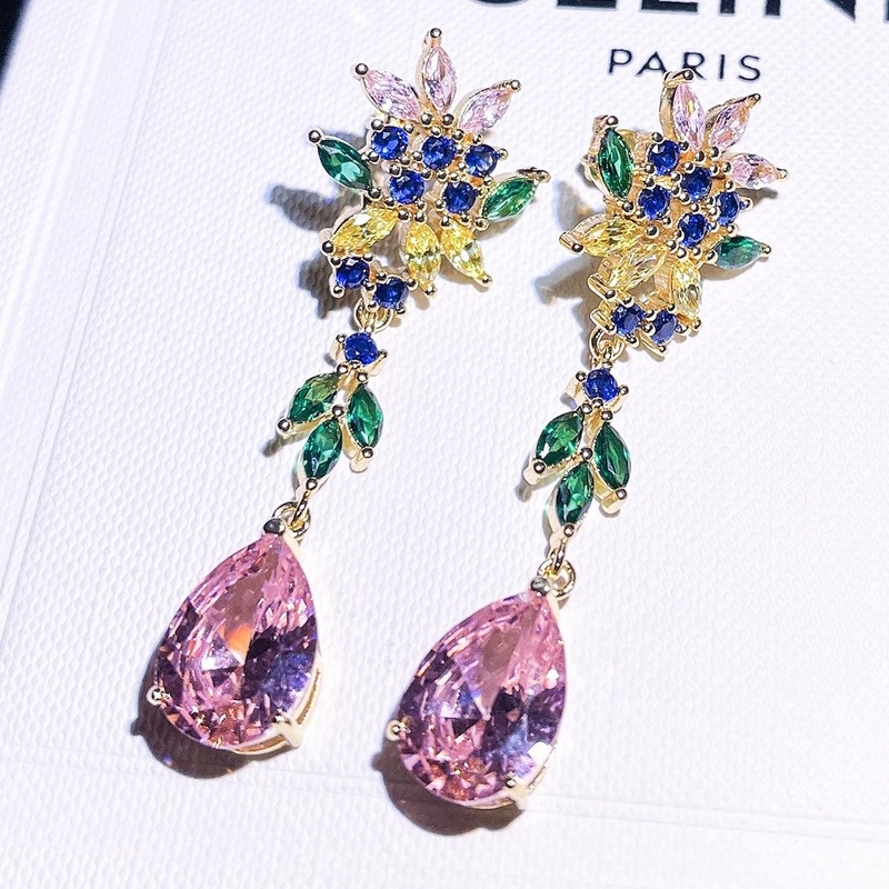 Fashion Luxury Pink Diamond Earrings Inlaid with Colored Gems