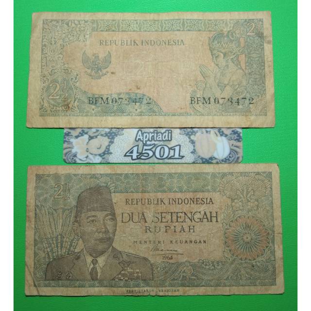 UK144 UANG KUNO ASLI 2 SETENGAH RUPIAH SERI SOEKARNO/SUKARNO TAHUN 1964 UANG LAMA KERTAS #VF-