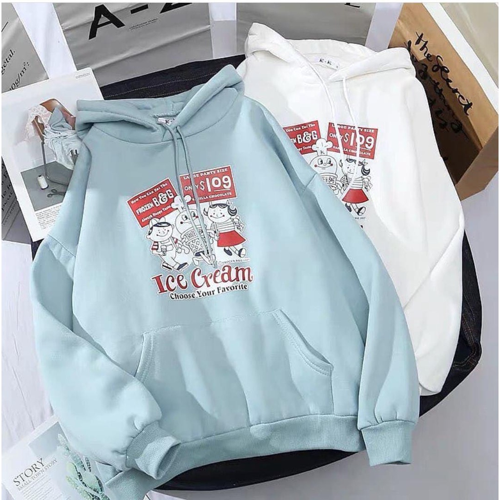 Ice Cream Vintage Hoodie Wanita Korean Style Bahan Flacee