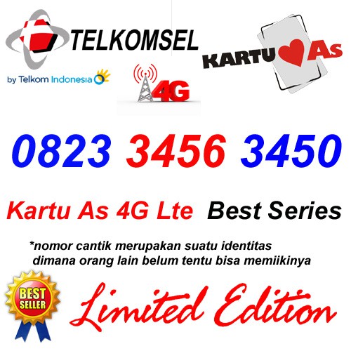 Telkomsel As 4G Lte 0823 3456 3450 Kartu Perdana Nomor Cantik