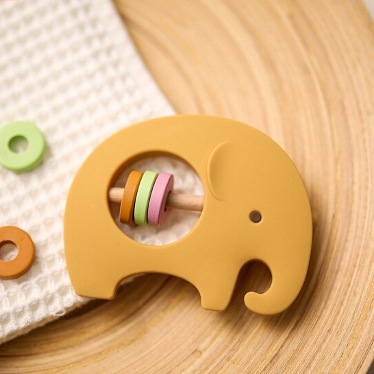 Crumbl Silicone Teether Rattle Stick Toy - Koala Elephant Mainan Toys Gigitan Anak Bayi Silikon Teething Toy-Elephant - Mustard
