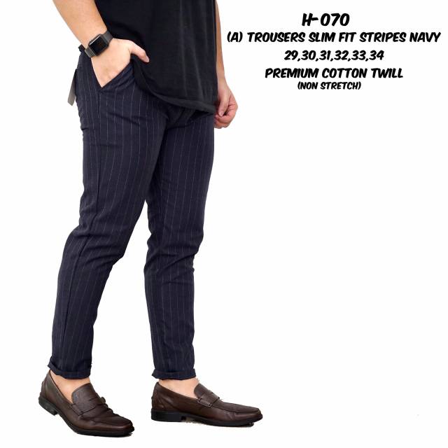  CELANA  SLIMFIT PRIA TARTAN  CELANA  STRIPE NAVY CELANA  