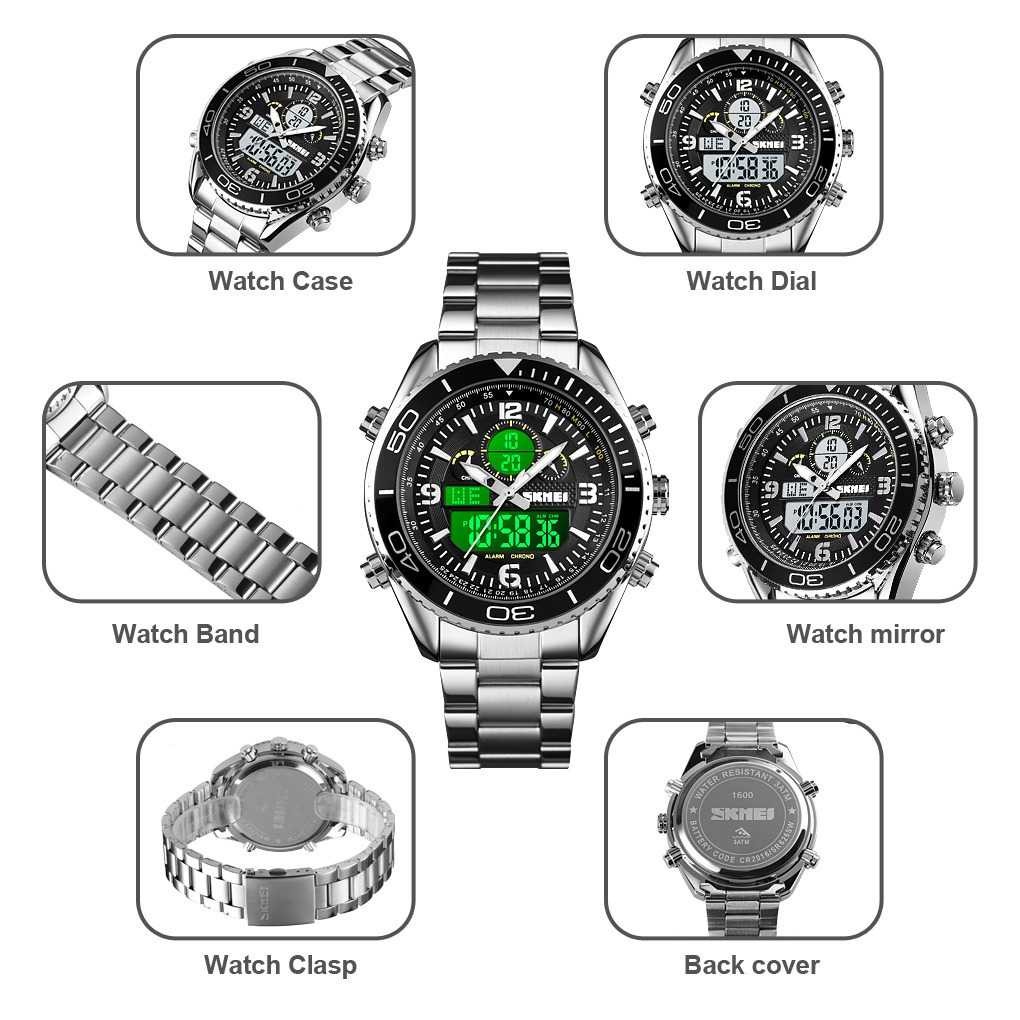 Jam Tangan Pria Dual Time SKMEI Men Stainless Sport LED Original AD1600 Silver-4