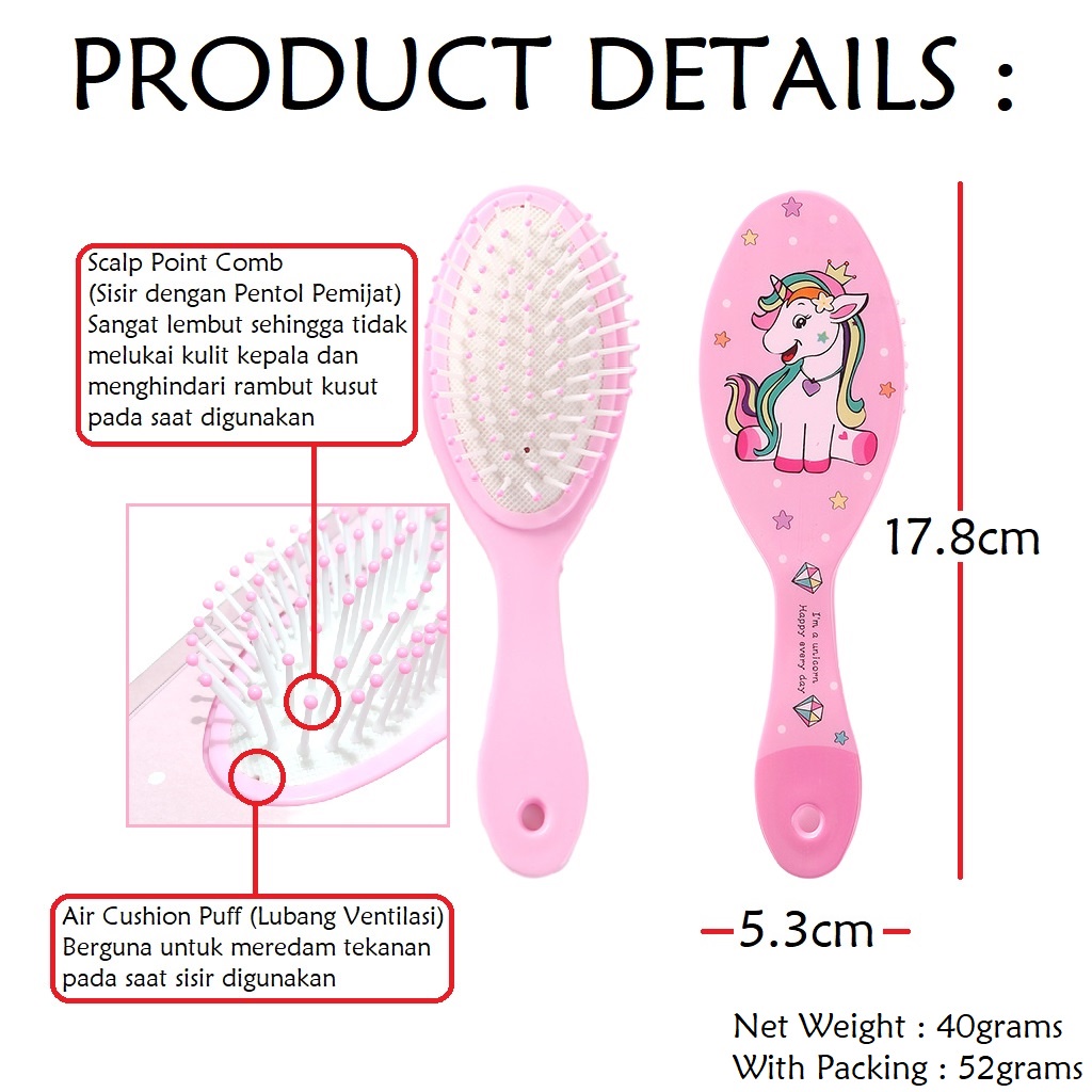 Sisir Rambut Anak Perempuan Karakter Anti Kusut Besar Lucu 17.8cm Massage Hair Comb