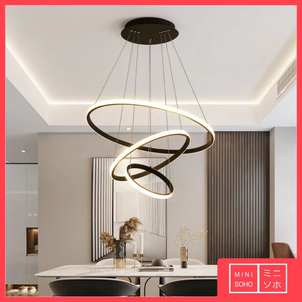 Lampu Gantung Hias Mewah Luxury Premium Minimalis Modern Aesthetic Estetik 3 Ring Pendant LED - Hitam / Gold