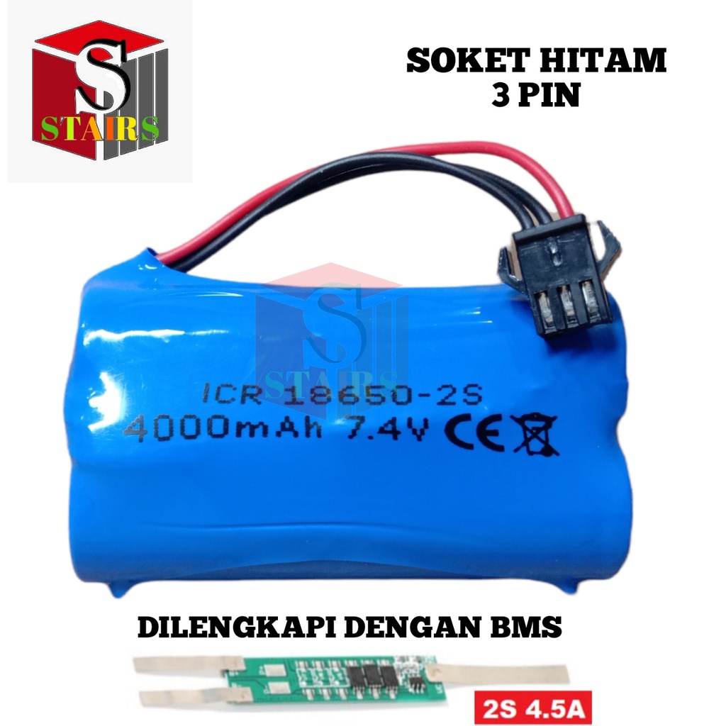 Baterai RC/ Baterai Speaker Bluetooth &amp; Elektronik Lainnya 2x 18650-2S 4000mAh 7.4V Protektor BMS 4.5A Soket Hitam 3 Pin