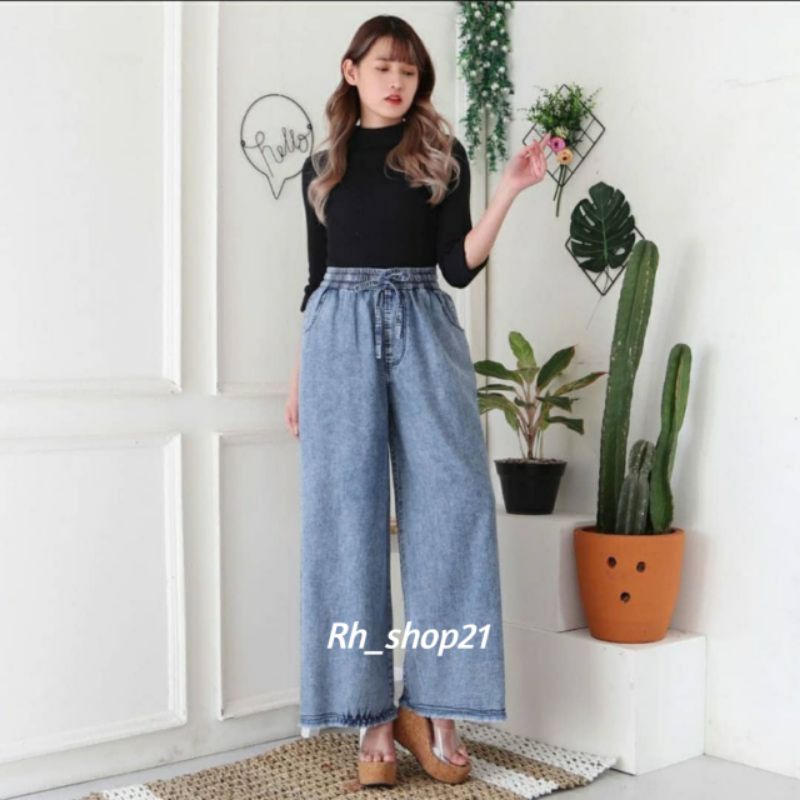 HighWaist Kulot Jeans Dewasa / Karet Snow Kulot Tali Depan / Snow Jeans Wanita