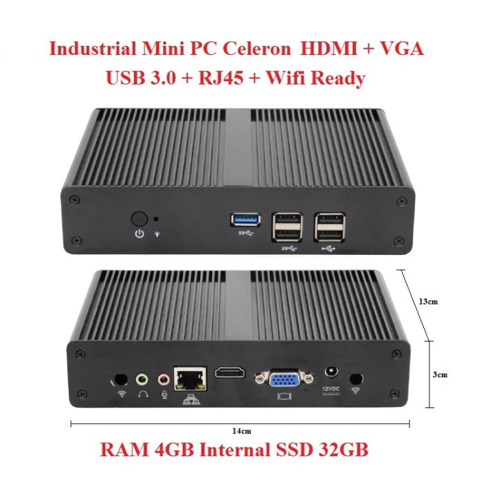Industrial Mini PC x86 Intel Celeron 4GB SSD 32GB Wifi HDMI VGA MiniPC