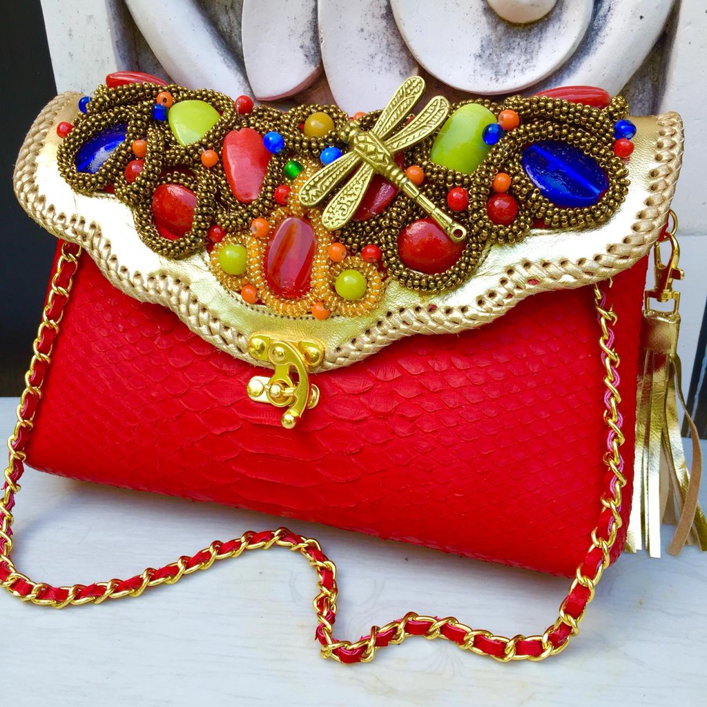 Clutch Pesta Maia Size S Warna Merah - Clutch Model Awan Asli Tas Kulit Ular Piton