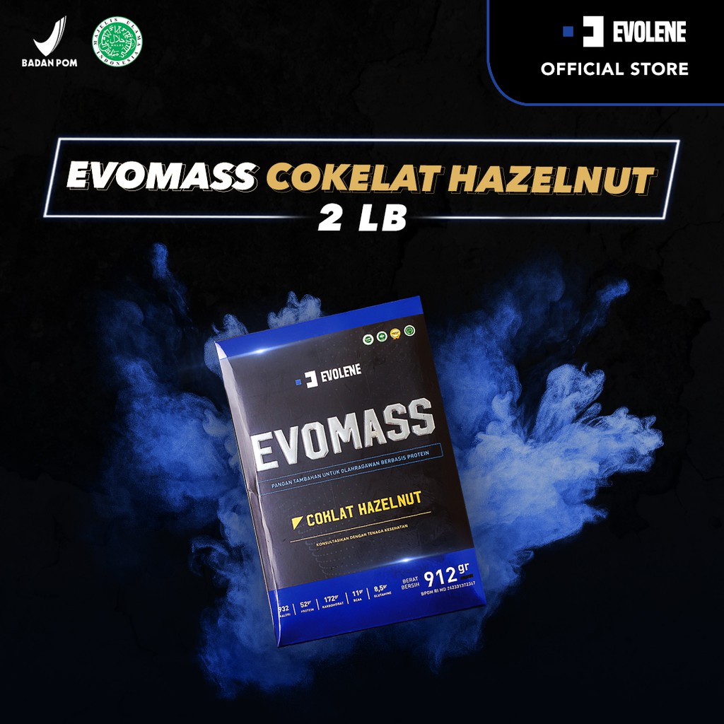 Evomass Coklat Hazelnut 912gr/4x serving - Penambah massa otot - Suplemen fitness - Pembentuk otot - Kaya Nutrisi - Surplus kalori - Minuman susu workout - Susu penambah berat badan - Mass Gainer - Suplemen penambah berat badan Evolene Evoline Evolen