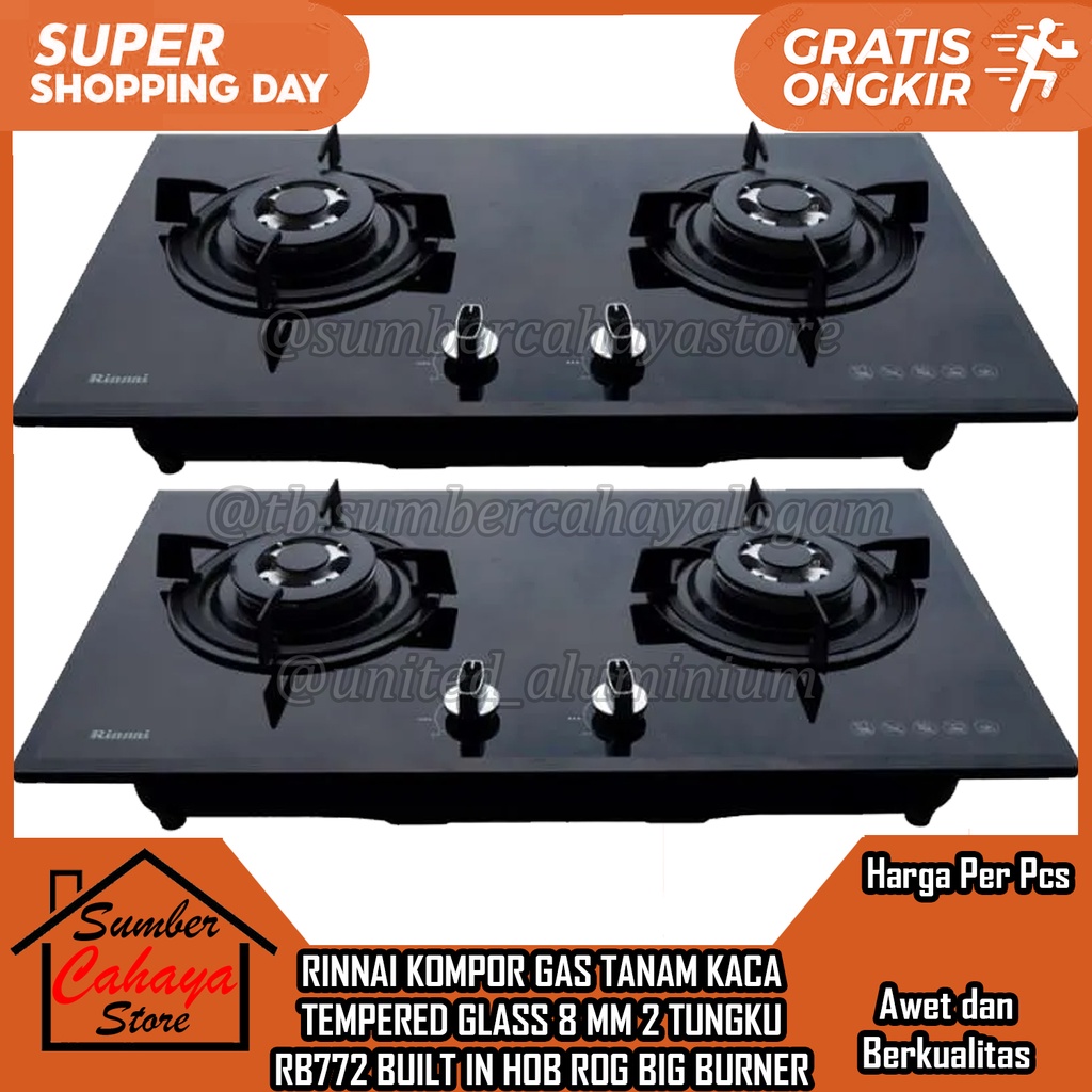 Kompor Tanam Gas Rinnai RB 772 ROG KACA TEMPERED GLASS 2 TUNGKU BUILT IN HOB SAFETY DEVICE Hitam Bla