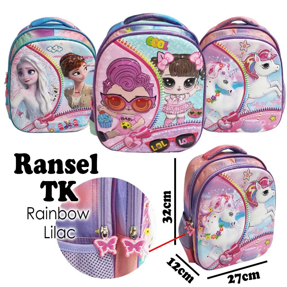 PROMO Tas RANSEL Anak Sekolah TK Perempuan GAMBAR KUDA PONY Rainbow Rose LILAC GLOSSY SHOES MITE TIMBUL IMPORT