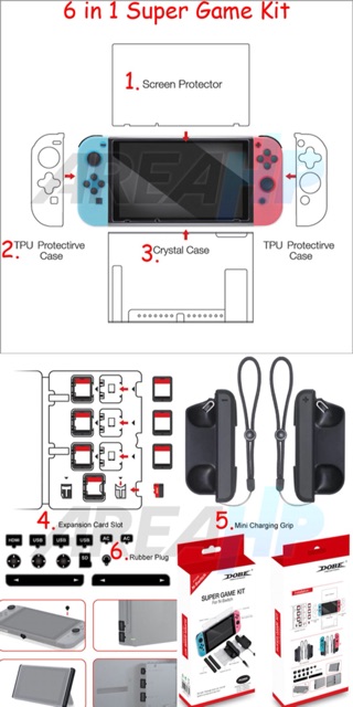 Dobe 6in1 Super Game Kit Case Charging Grip Memory Screen TNS-1880 Nintendo Switch