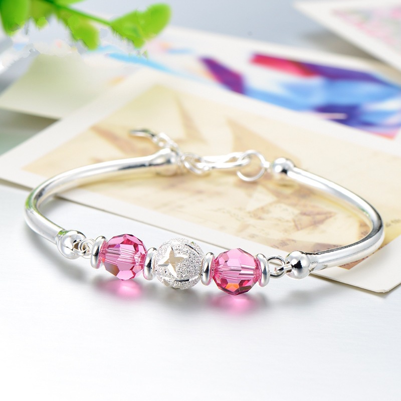 Gelang Manik-Manik Kristal Bahan Stainless Steel Lapis Silver Gaya Korea Untuk Wanita