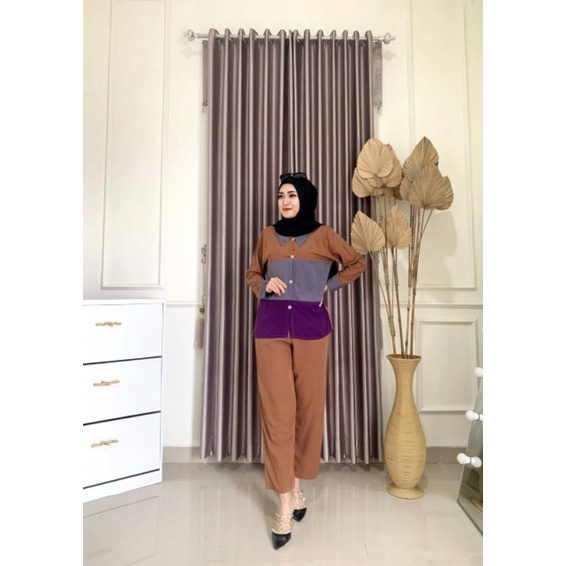 One Set Wanita  Rainbow Rayon Premium Setelan Wanita Lengan Panjang Set Celana Panjang Kekinian LD 110 cm