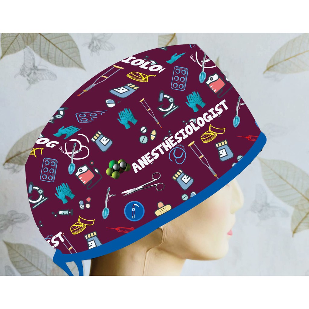 Head Cap /Topi Medis / Scrub Hat / Surgical Cap / Topi Dokter Custom Printing Motif Anesthesi