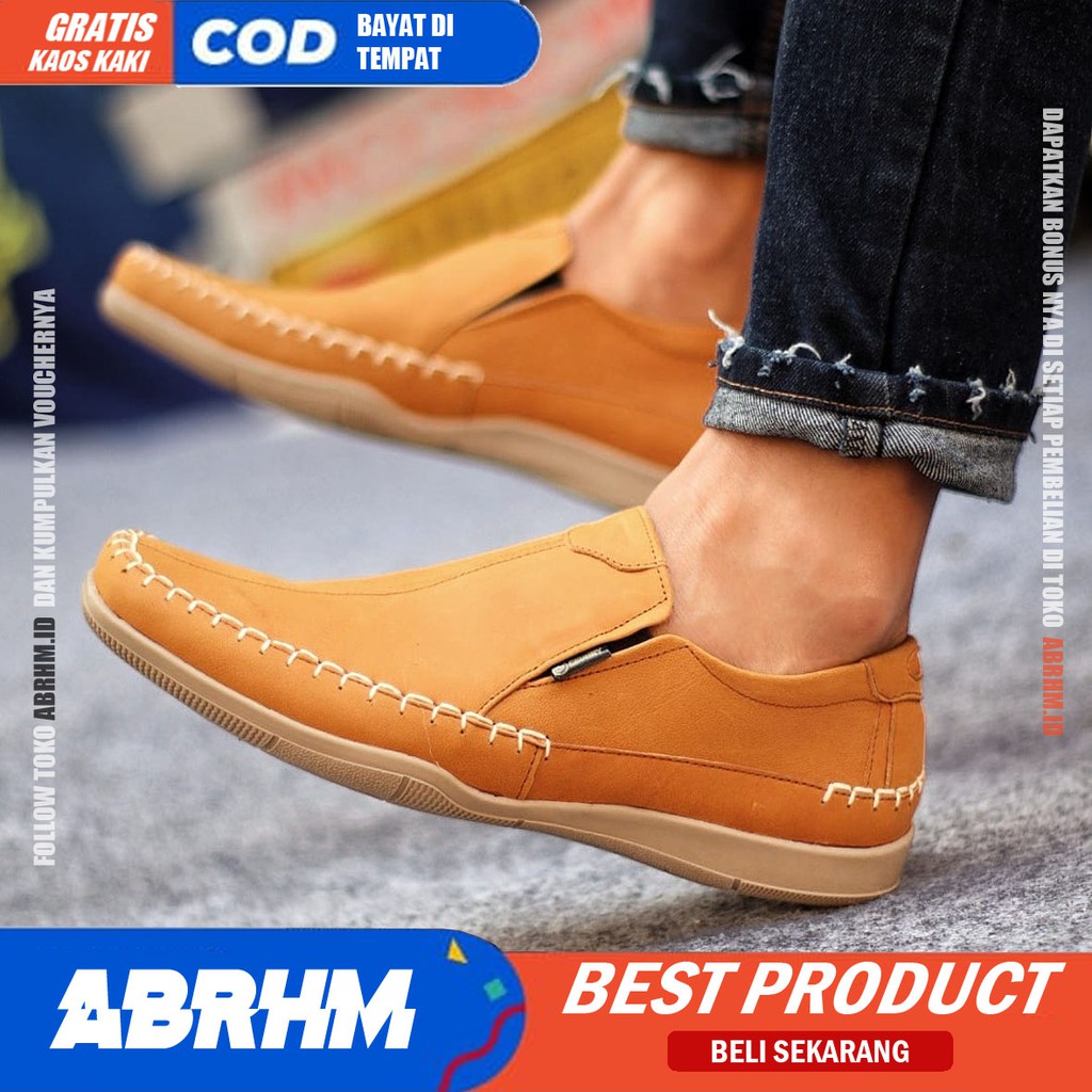 ABRHM X DIVOC Sepatu Casual Slip On Pria Sepatu Pria Casual Kulit Asli Sepatu Slop Anti Slip Cowok Sepatu Kasual Cowo Semi Formal Pantofel Kerja Kantor Kuliah Kondangan Gaya Santai Keren Kekinian Original Terlaris