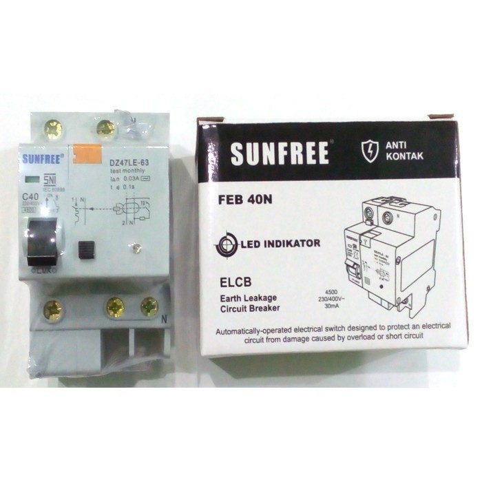 Anti Kontak ELCB 40 A Sunfree FEB 40N disertai LED Indikator / Anti kontak Sunfree 40 A / Antikontak