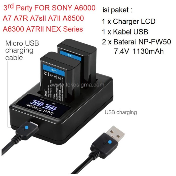 CHARGER TRAVEL BATERAI 2x NP-FW50 3rd for SONY NEX A72 A6000 6300 6500