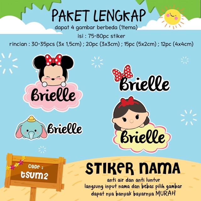 

TAURIELSTORE - 70PCS Stiker Nama Cartoon tsumtsum/tayo/doraemon/shimer n shine/shopkins/trolls
