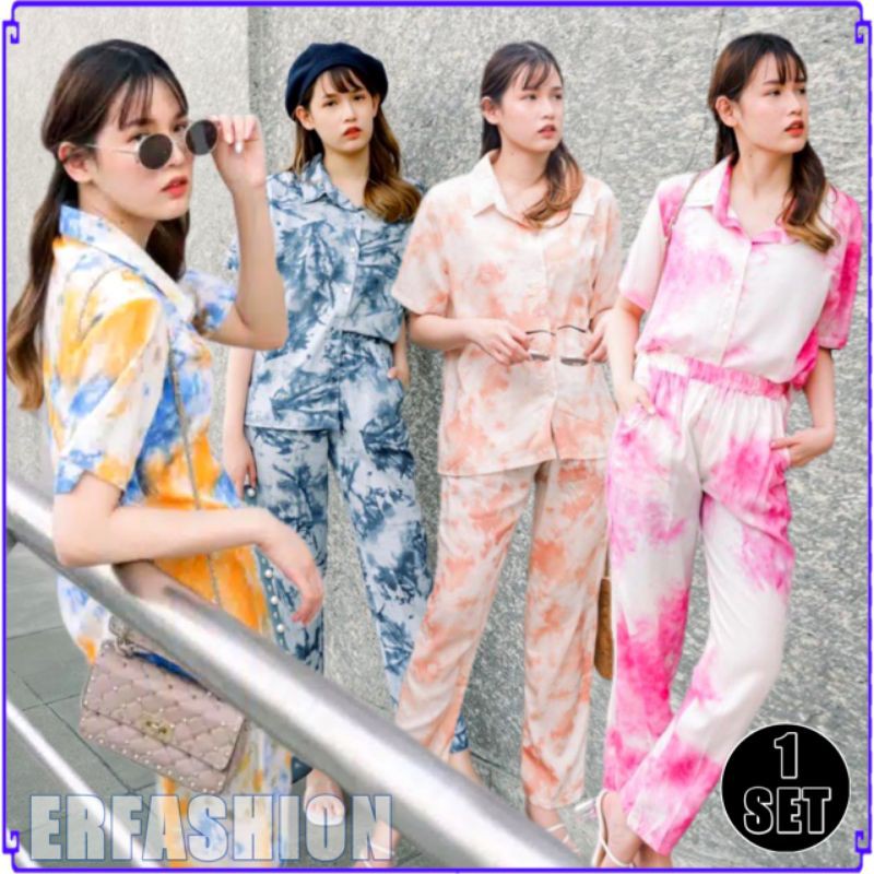 ERFASHION Setelan Tie Dye Marbel / Stelan Galaxy Tie Dye Lengan Pendek