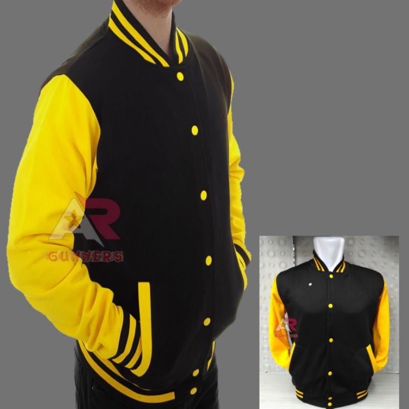 JAKET BASEBALL VARSITY HITAM TANGAN KUNING TERBARU