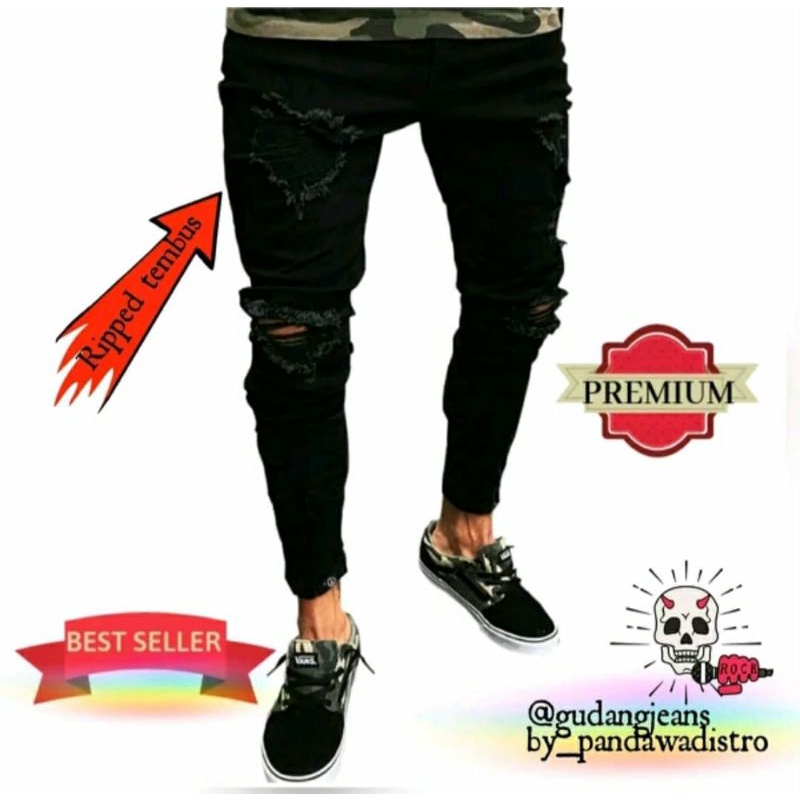 CELANA SOBEK PRIA RIPPED JEANS ROBEK SLIMFIT PENSIL SKINNY STRETCH DENIM HITAM PREMIUM 27-38