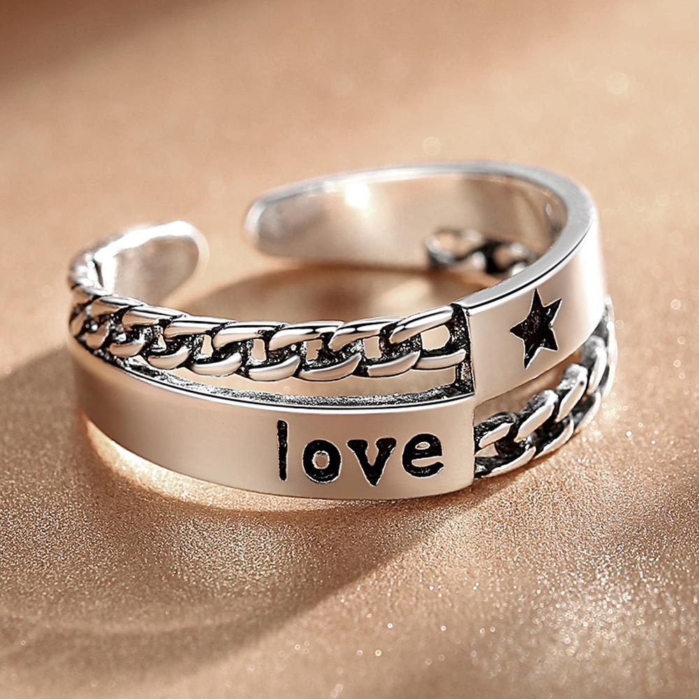 925 Perak Cincin Untuk Wanita/pasangan Cincin Dapat Disesuaikan Bintang Lima Cinta Retro Perhiasan