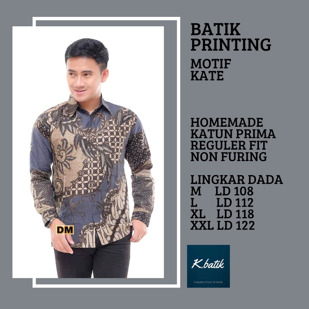 KEMEJA BATIK PRIA LENGAN PANJANG MOTIF KATE BIRU BATIK MODERN ANAK MUDA SIZE M L XL XXL  KHARISMA BATIK