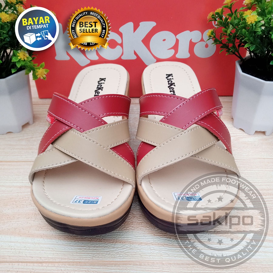 PROMO 4.4 RAMADHAN SALE !! SANDAL WANITA DEWASA SLOP WEDGES ANYAM MERAH KREM / SAKIPO