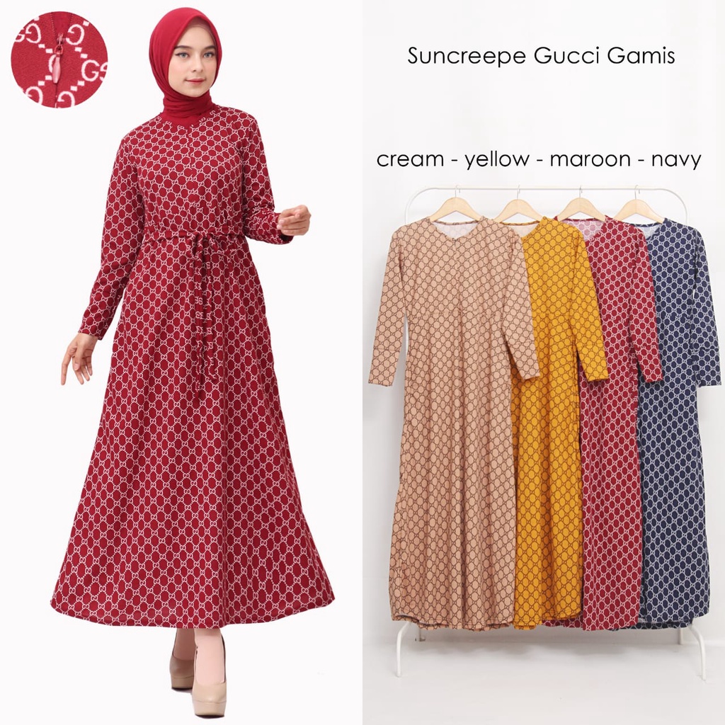 EZER Dress Gamis Muslim Dewasa Motif Gucci & Daun SunCrepe Viral Kekinian (REAL PICT)