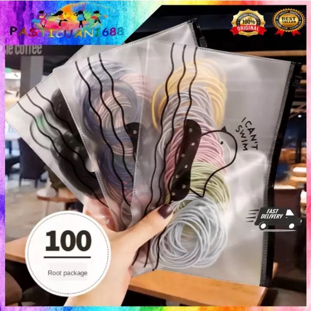 KARET IKAT RAMBUT KOREA 100PCS HITAM MURAH FREE POUCH | PITA KUNCIR RAMBUT ISI 100 PCS WARNA WARNI P