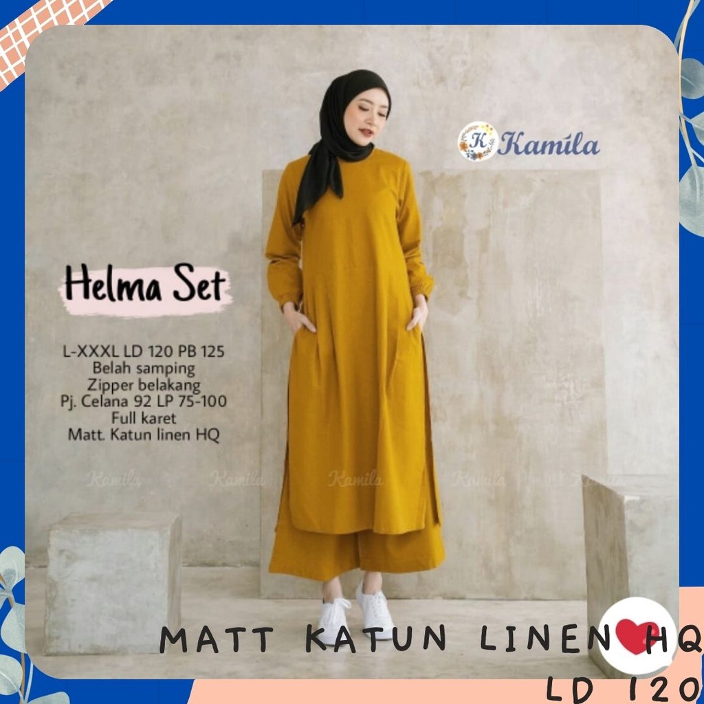 helma set stelan setelan 1set pakaian baju dress tunik celana clana pant kulot pinggang karet katun 