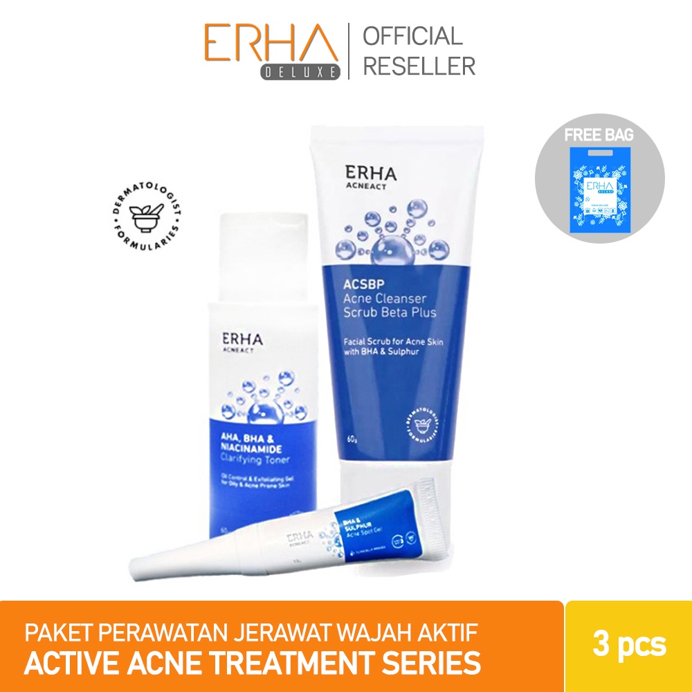 ERHA Penghilang Jerawat Aktif 3 Pcs - Paket Sabun ACSBP + Spot Gel + Toner Clarifying