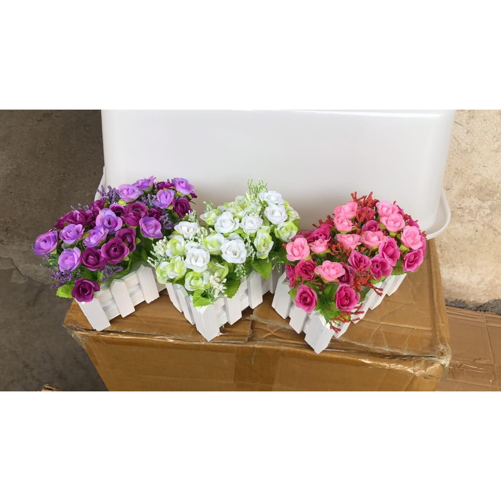 BUNGA PAGAR PUTIH VAS KAYU BENTUK PAGAR BUNGA MEJA BUNGA HIAS BUNGA PLASTIK BP8822-3