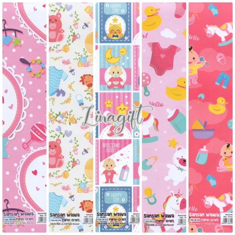 ( 5 Lembar ) BABY SANWA - KERTAS KADO GIFT WRAPPING SANSAN WAWA BABY /  BOY / GIRL /BAYI / LAHIRAN