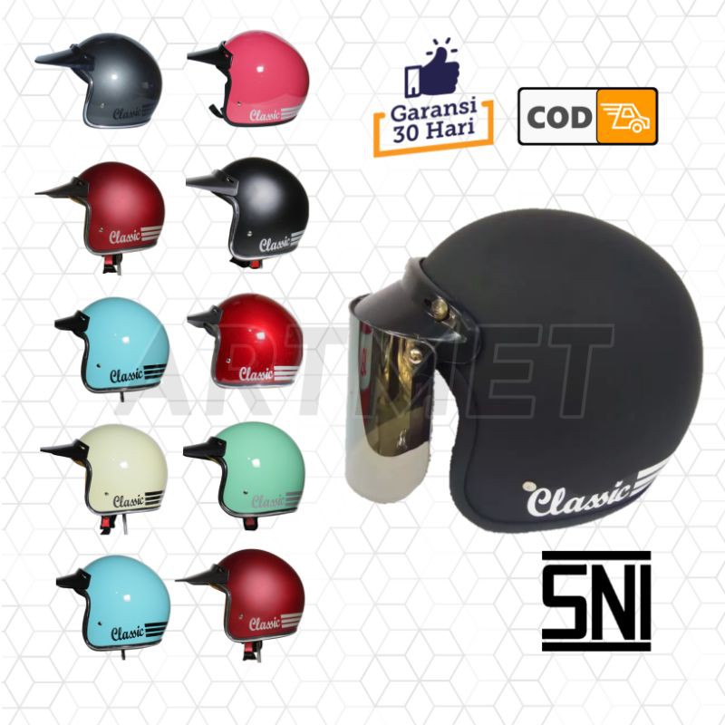 HELM BOGO CLASSIC STRIP KACA DATAR CEWE COWO DEWASA SNI RETRO POLOS ORIGINAL - LIS HITAM