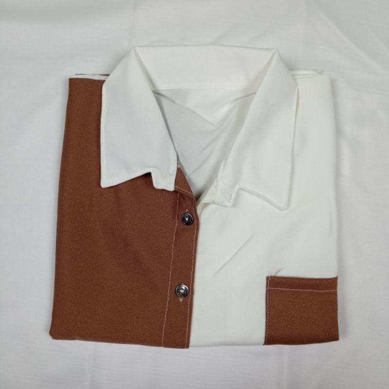 Atasan Blouse Kemeja Wanita Polos Basic Casual Kombinasi Warna Lengan Panjang Kekinian Korean Style Model Pinguin-3