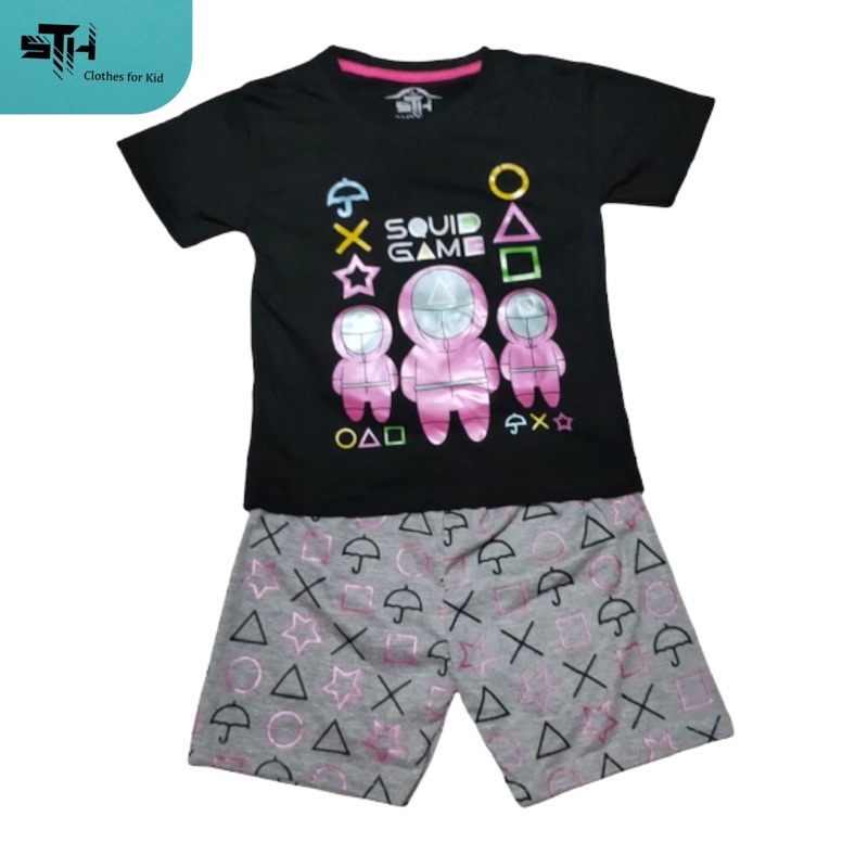 STH 3-10 tahun (1 set )[ M/L/XL/XXL ] Baju Kaos &amp; Celana Anak laki laki Cowok Cewek DISTRO Bahan Katun Cotton Combed  - SQUID GAME