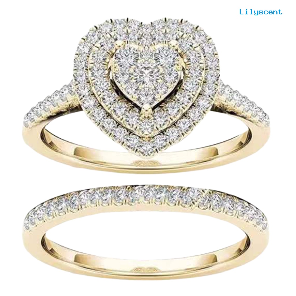 2pcs / Set Cincin Berlian Imitasi Bentuk Hati Bahan Alloy Untuk Pengantin Wanita