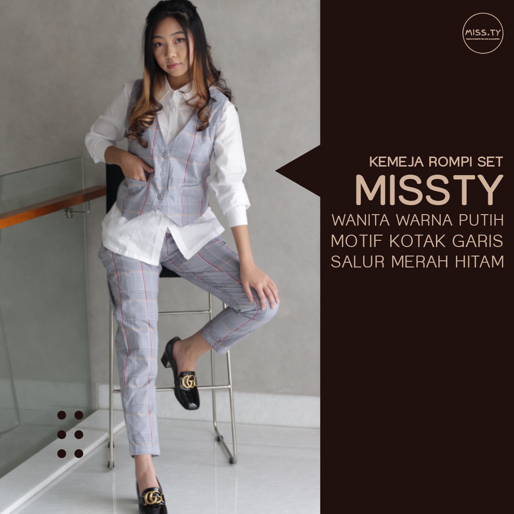 Kemeja Rompi Set & Celana Missty Wanita Warna Putih Motif Kotak Garis Salur Merah Hitam (36527) Cela