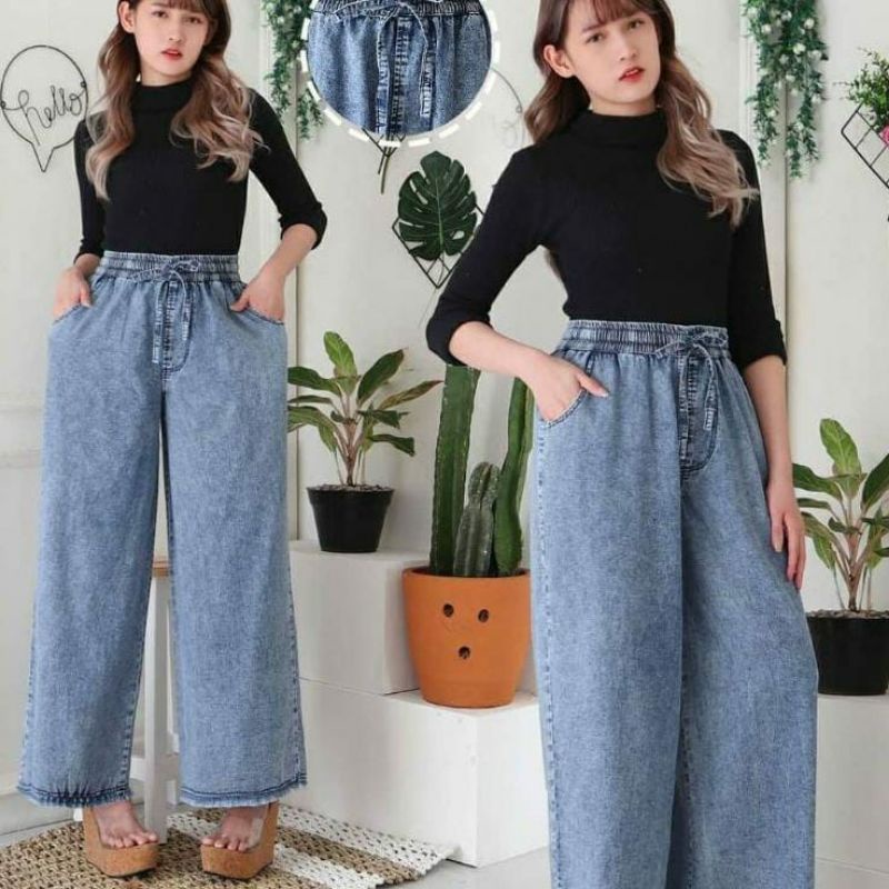 KULOT JEANS PINGGANG KARET - Celana Jeans Kulot Wanita Full Pinggang Karet Tali Serut