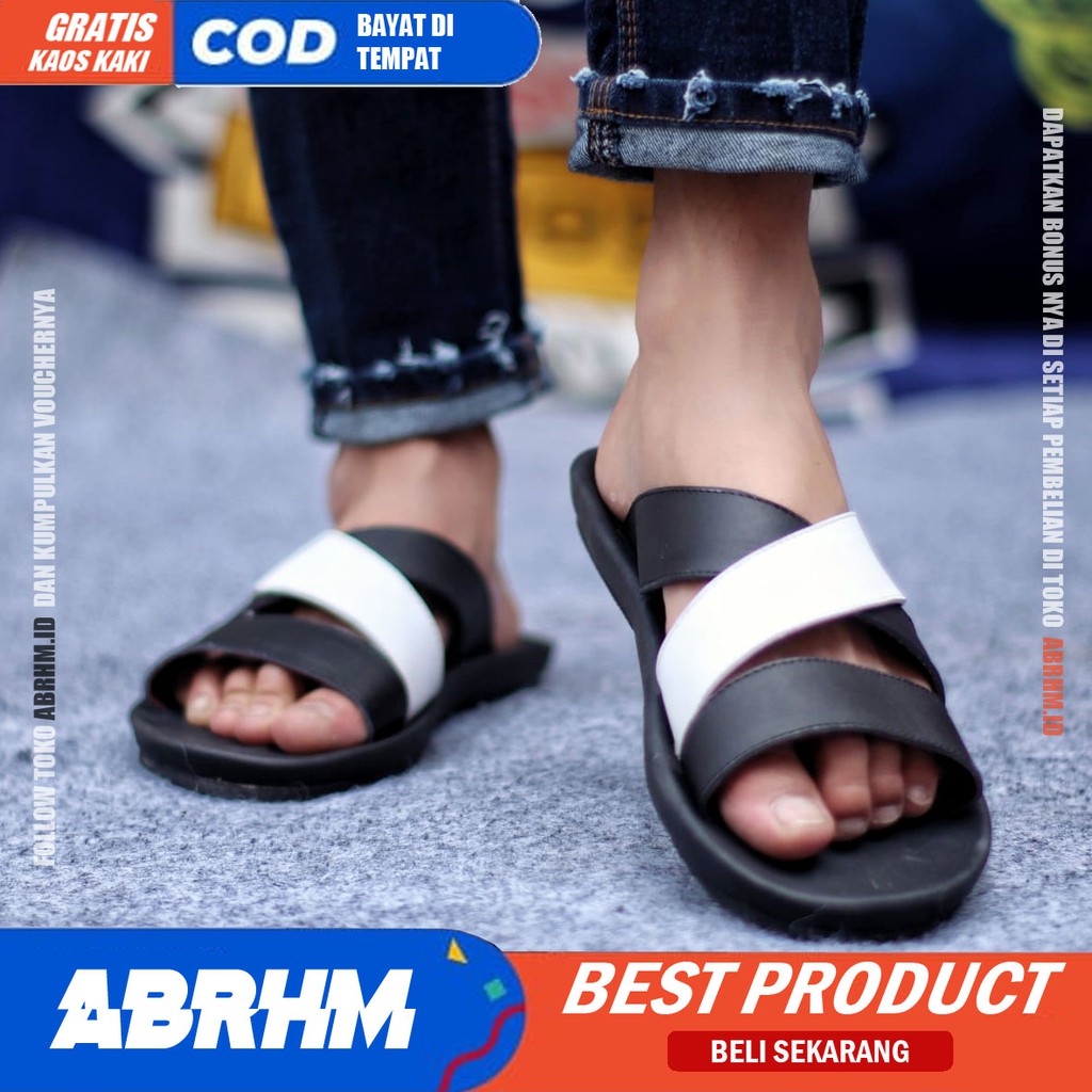 ABRHM X POLET Sandal Slide Pria Sandal Slop Pria Kulit Asli Sendal Selop Cowok / Cowo Ori Kekinian