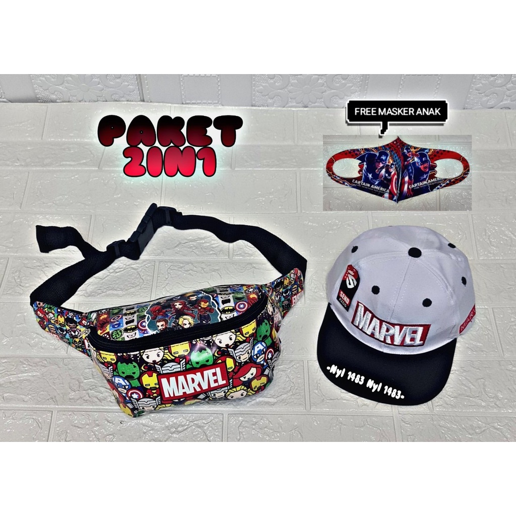 Paket anak 2 in 1 Waistbag anak laki laki dan topi anak karakter kartun untuk usia 2-9 thn