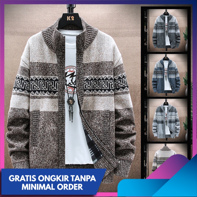 Jaket Kasual Pria Lintas B      Bulu Berlapis Tebal Cargan Rajut  sweater  Fashion Import