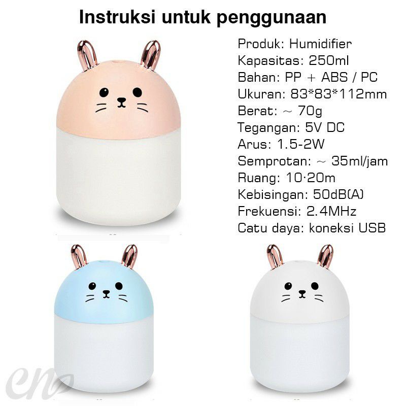 Diffuser Kelinci Ultrasonic Humidifier Aromaterapy Pengharum Ruangan 250ml