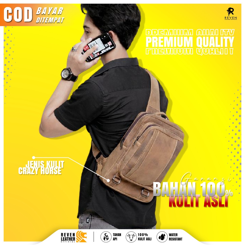 Waistbag Kulit Pria Premium Tas Selempang 100% Kulit Sapi Asli Crazy Horse Ammar Original Stylish