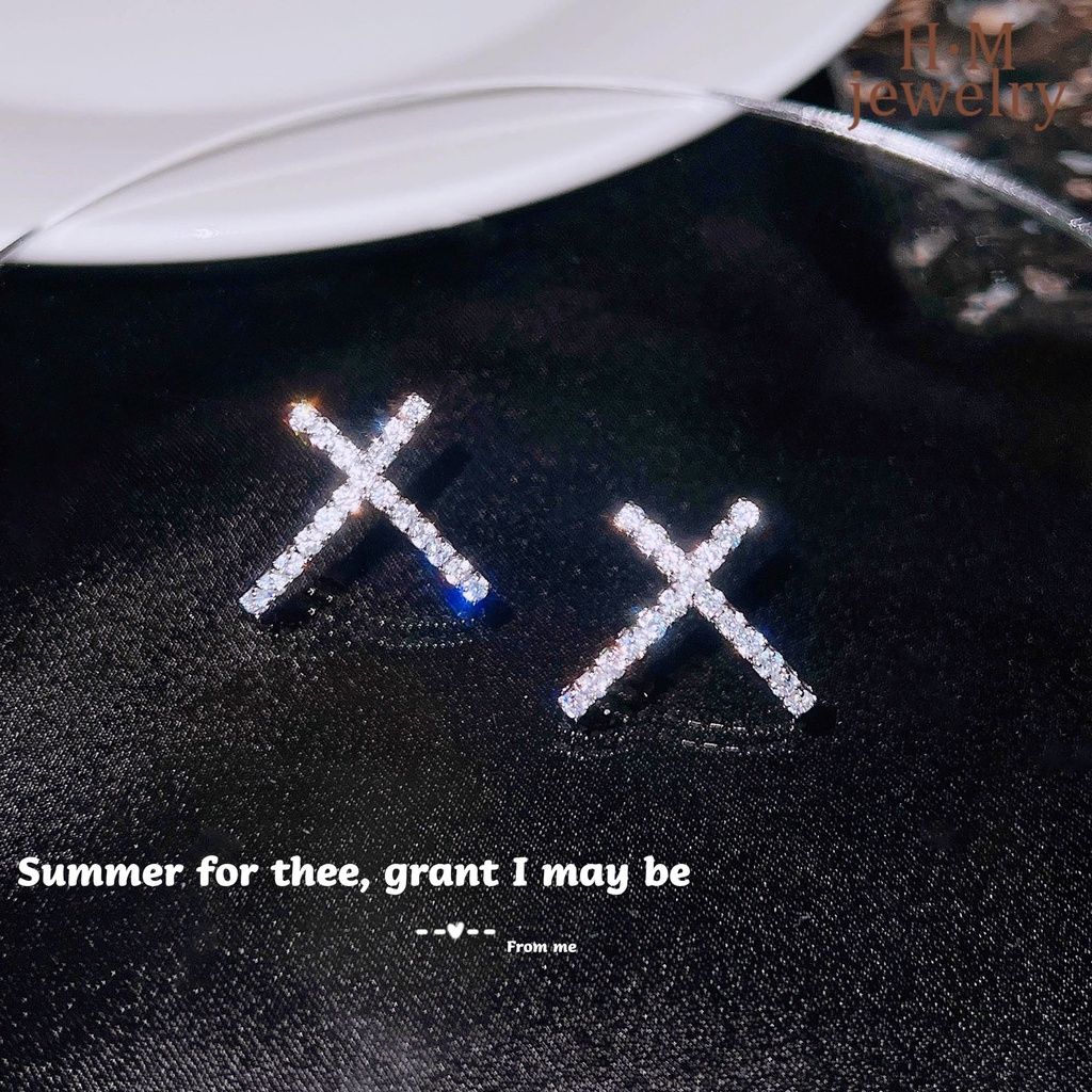 Anting Tusuk Sterling Silver Bentuk X Silang Hias Berlian Imitasi Untuk Wanita