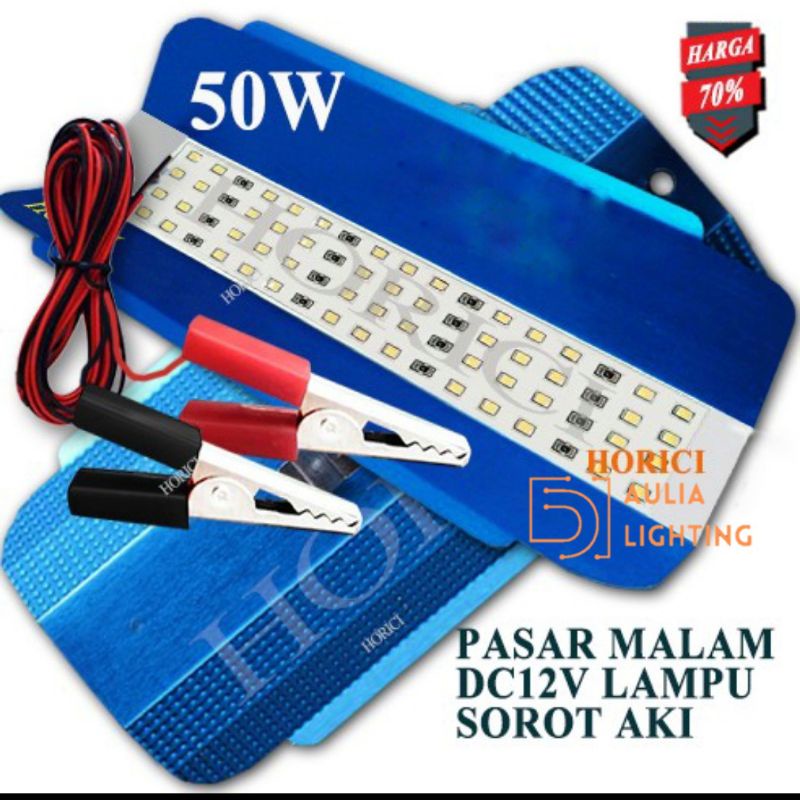 LAMPU SOROT PJU 50W 12V AKI DC KABEL JEPIT TAMAN EMERGENCY GUNUNG HIAS PANCING TUNGSENG JALAN 50 WATT SUPER TERANG DARURAT PORTABLE